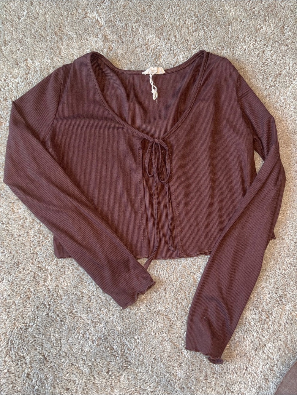 Chocolate Brown Ribbed Tie Front Long Sleeve Crop Top Blouse Medium
